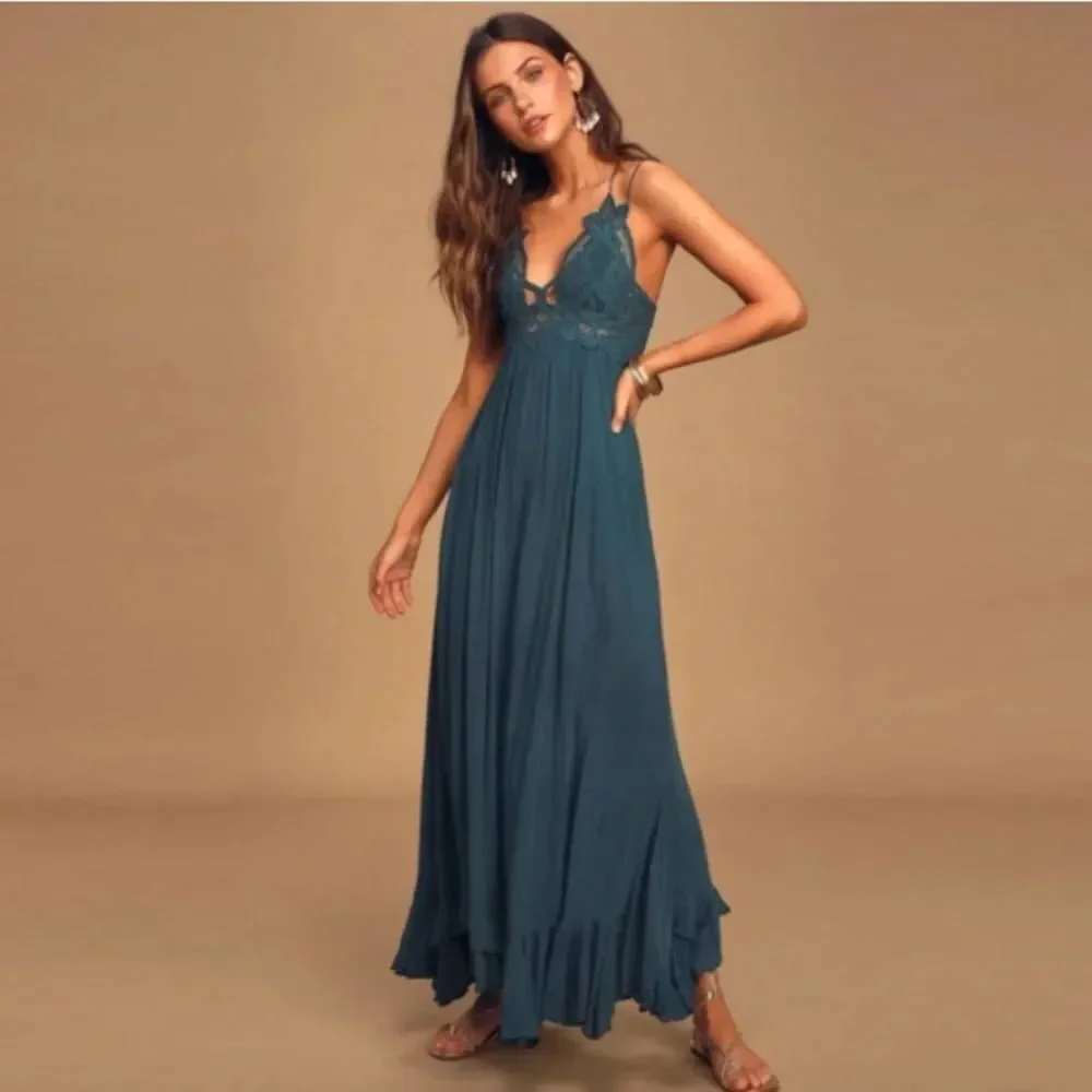 Free People Women's Size Large Adella Teal Lace Bodice Cross Back Maxi Dress